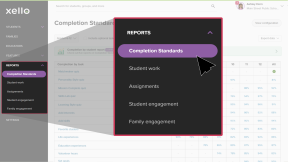 Educator account in Xello. The Reports menu is open and the cursor is clicking Completion Standards